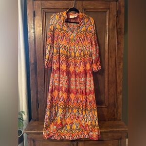 Anthropologie Maeve Orange and Red Patterned Long Sleeve Dress